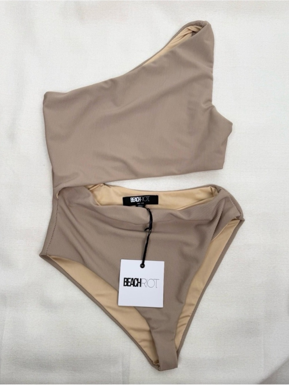 Beach Riot One Piece Swimsuit Womens Small Tan Beige Ribbed One Shoulder